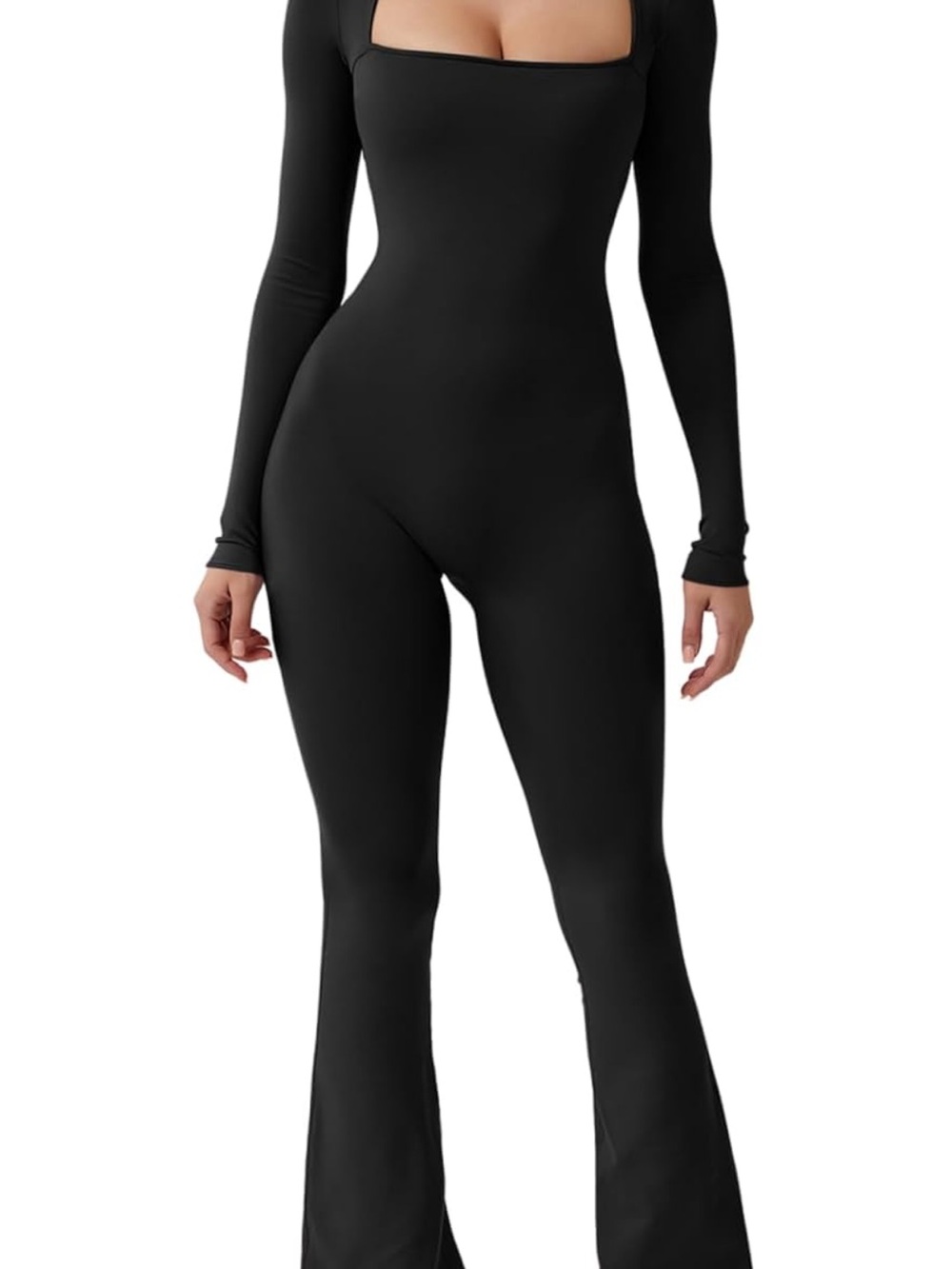 Black Long-Sleeve Boot-Cut Lycra /spandex Jumpsuit